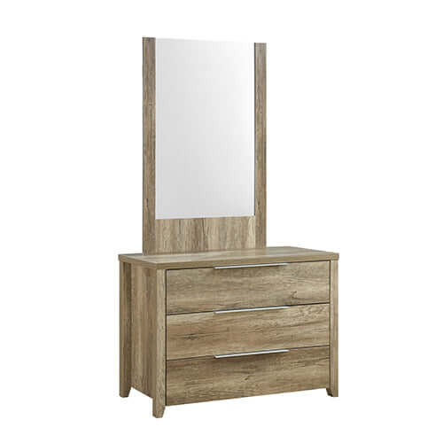 Dresser with three storage drawers in oak color MDF and built-in mirror, showcasing affordable and quality design for modern bedrooms.