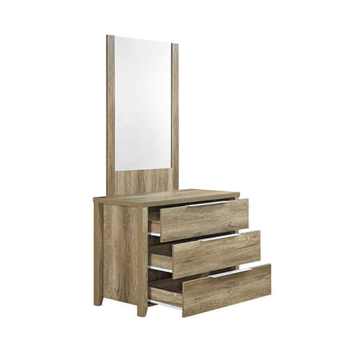 Affordable oak-colored dresser with 3 storage drawers and built-in mirror, ideal for elegant bedroom decor.