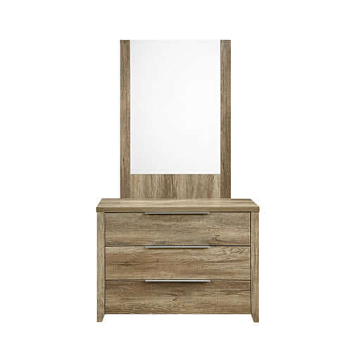 Dresser with 3 storage drawers in natural MDF oak finish and mirror, affordable quality furniture for modern bedrooms.