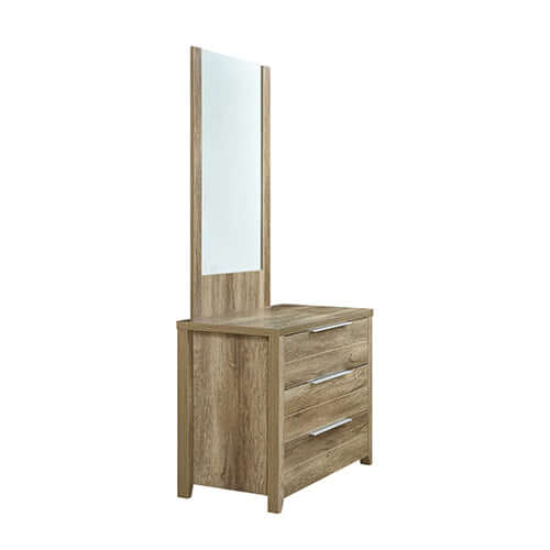 Affordable oak-colored dresser with 3 storage drawers and a mirror, combining quality and modern charm for any bedroom.