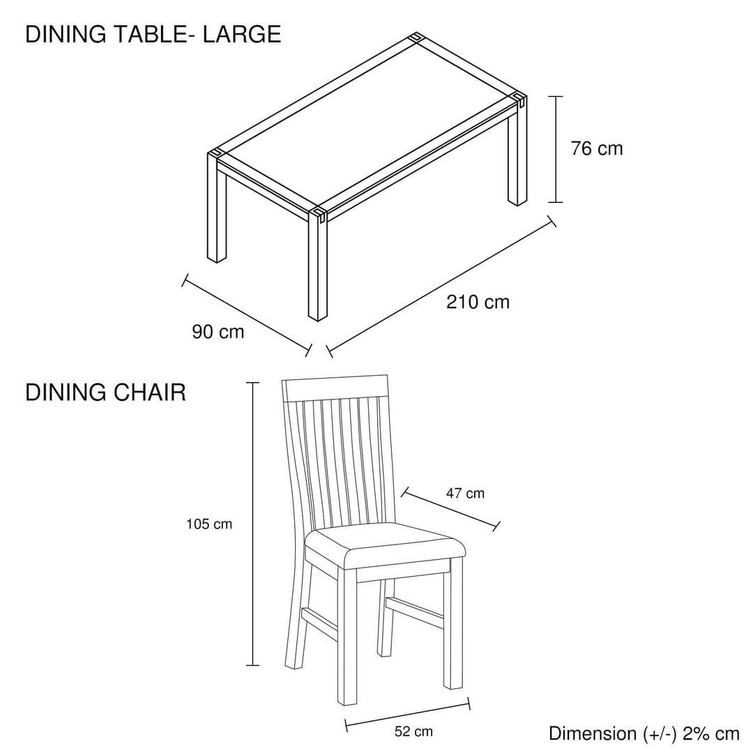 Dimensions illustration of 9 Pieces Dining Suite with 210cm large dining table and 8 chairs with solid acacia wooden base in oak color.