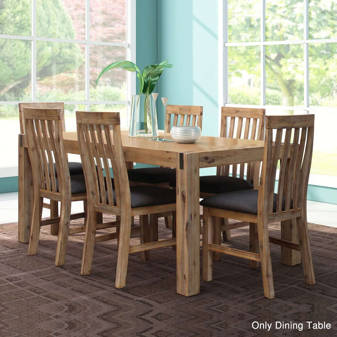 210cm large solid acacia wooden dining table in oak color with minimal design and metal finish, paired with matching wooden chairs