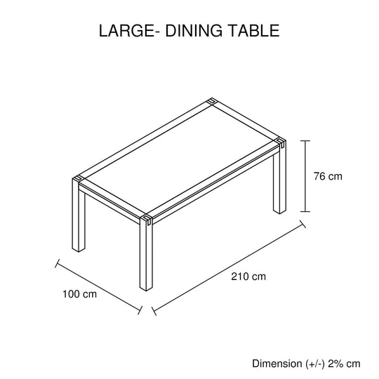 Diagram of a large dining table with dimensions 210cm length, 100cm width, and 76cm height, featuring a minimal design.