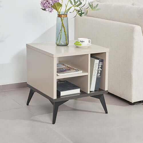 Affordable Maxwell lamp table with three open storage cabinets in champagne color, perfect for compact spaces and DIY decor.