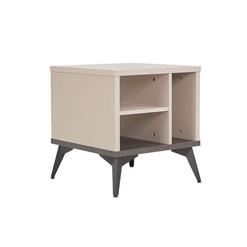 Affordable Maxwell lamp table with three open storage cabinets in champagne color and sturdy MDF construction.