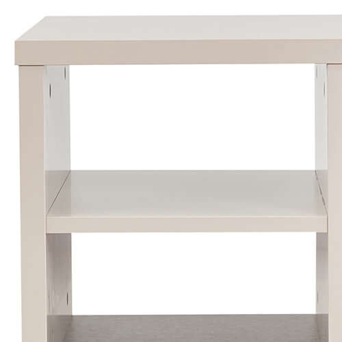 Slim champagne-coloured MDF lamp table with three open storage cabinets for quality and affordable decor solutions.