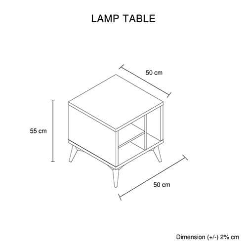 Diagram of Maxwell lamp table dimensions, showcasing 50 cm width and depth, 55 cm height, with three open storage cabinets.