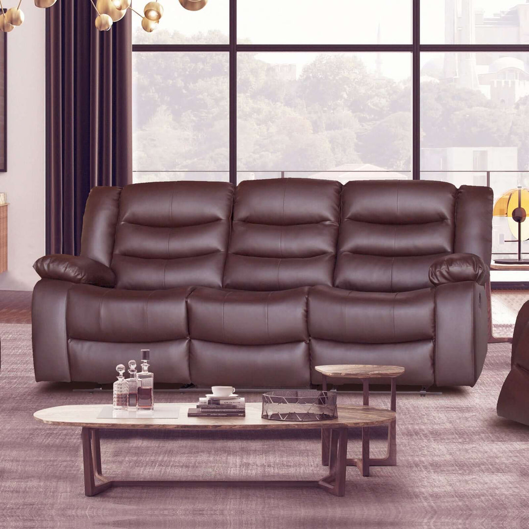 Brown 3 seater recliner sofa in faux leather, featuring cozy quilted cushioning and stylish design, perfect for affordable luxury.