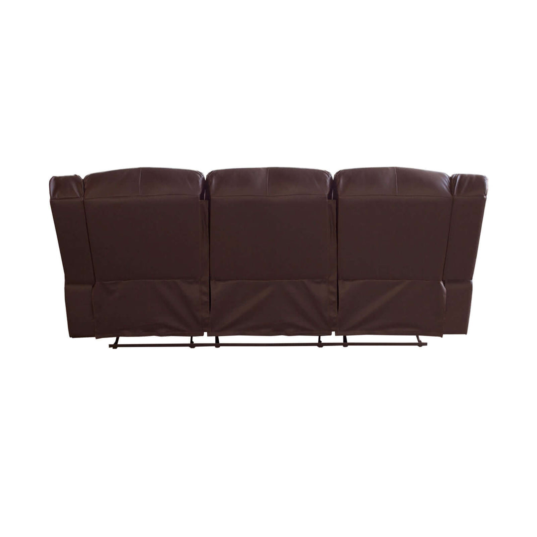 Back view of a brown faux leather 3 seater recliner sofa showcasing its plush design and elegant style.