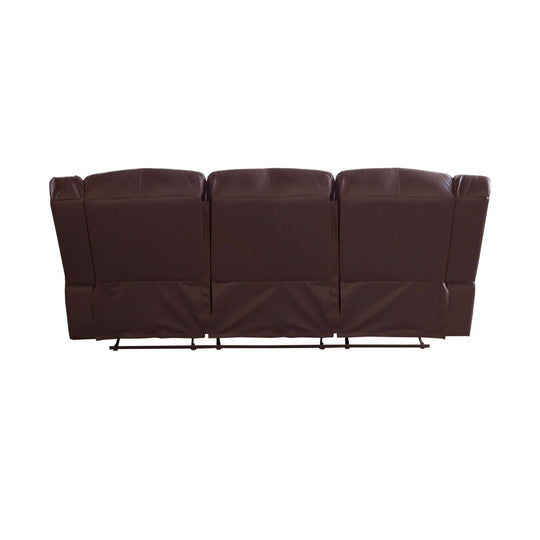 Back view of a brown faux leather 3 seater recliner sofa showcasing its plush design and elegant style.