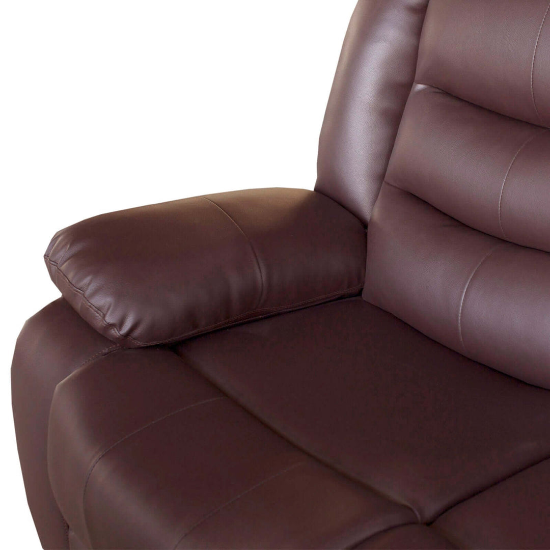 Cozy brown faux leather recliner sofa armrest with plush cushioning and quilted seat design, perfect for affordable luxury.