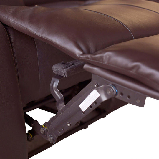 Close-up of recliner sofa mechanism with plush brown faux leather upholstery highlighting comfort and quality.