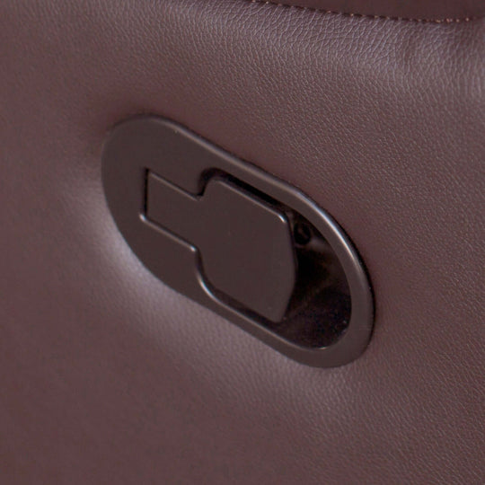 Close-up of a recliner sofa lever in dark brown faux leather, showcasing quality craftsmanship and luxurious design.