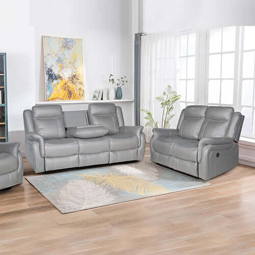 Luxurious grey fabric recliner sofa set featuring three seater and love seat in a stylish living room setting.