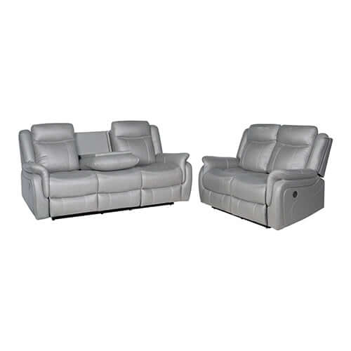 Affordable grey fabric recliner sofa set featuring a three-seater and love seat for luxurious comfort and quality design.