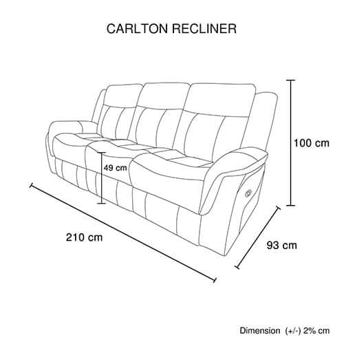 Dimensions diagram of Carlton recliner sofa, illustrating size and design features for quality and affordable seating.