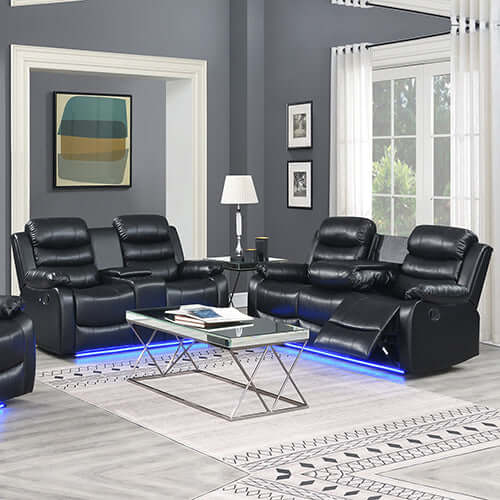 Elegant black leatherette 3-2 seater recliner set with LED lights and modern decor in a stylish living room.