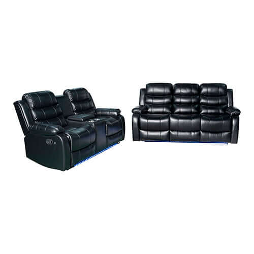 Luxurious black leatherette 3-2 seater recliner set with LED light and ultra cushioned design for comfort.