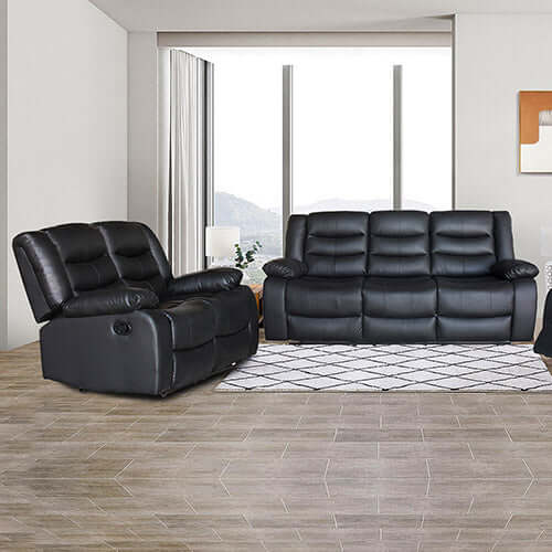 Black 3+2 seater recliner sofa set in faux leather, stylish and comfortable for modern living spaces.