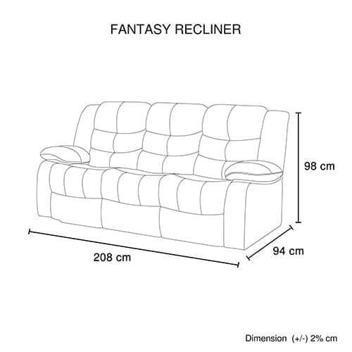 Dimensions of Fantasy Recliner Sofa: 208 cm width, 98 cm height, 94 cm depth in a line drawing format.