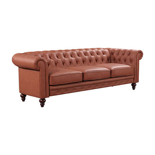 Luxurious brown button tufted 3 seater faux leather sofa with rolled arms and quality rubber wood legs. Affordable and stylish lounge furniture.