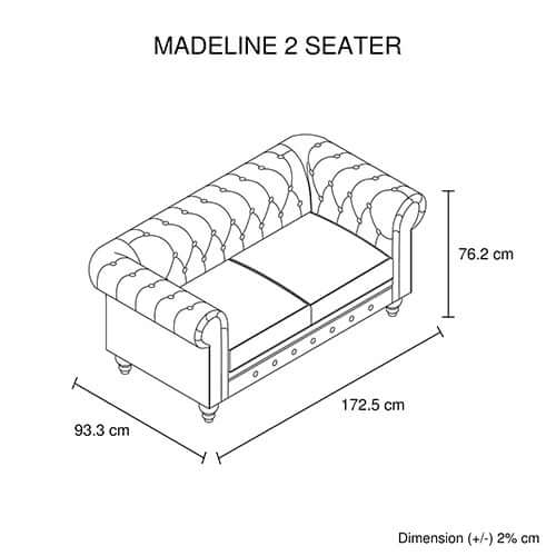 Dimension diagram of Madeline 2 Seater sofa with button tufted design, showcasing measurements in cm.