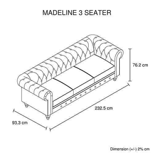 Dimensions diagram of the Madeline 3-Seater Sofa showcasing button tufted design and rolled arms.