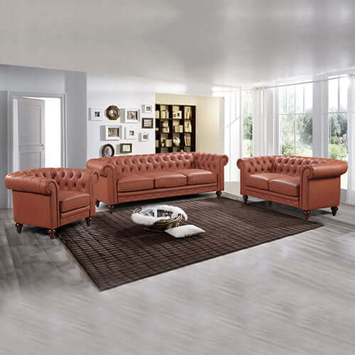 Luxurious brown tufted sofa lounge set with rolled arms, featuring a stylish design and premium faux leather upholstery.