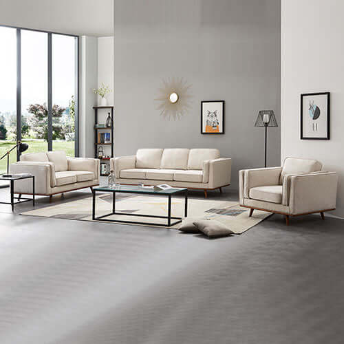 Cozy beige 3+2 seater sofa lounge set with wooden frame in modern living room design, ideal for affordable luxury.