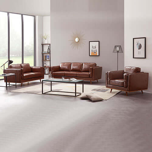 Affordable brown leather 3+2 seater sofa lounge set with wooden frame, perfect for stylish living room decor.