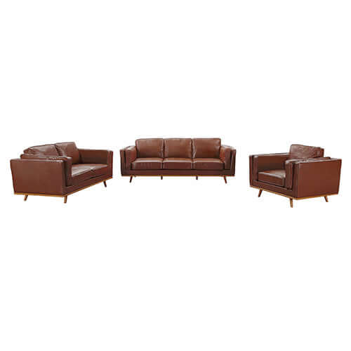 Brown leather 3+2 seater sofa lounge set with wooden frame, perfect for affordable luxury in living rooms.