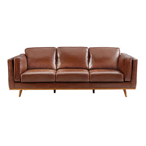 Affordable brown leather 3-seater sofa lounge set with wooden frame, offering quality comfort for living rooms.