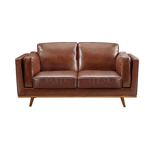 Brown leather 3+2 seater sofa with wooden frame, affordable luxury for living rooms, featuring comfy cushions.