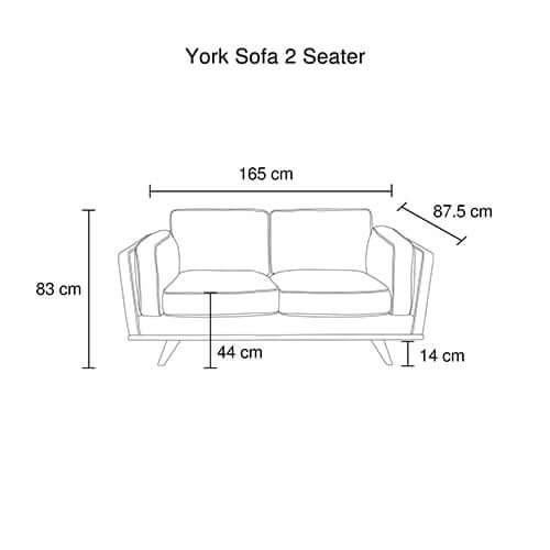 Dimensions of York 2 Seater Sofa in cm: 165L x 87.5H x 83W x 44D, ideal for modern living rooms.