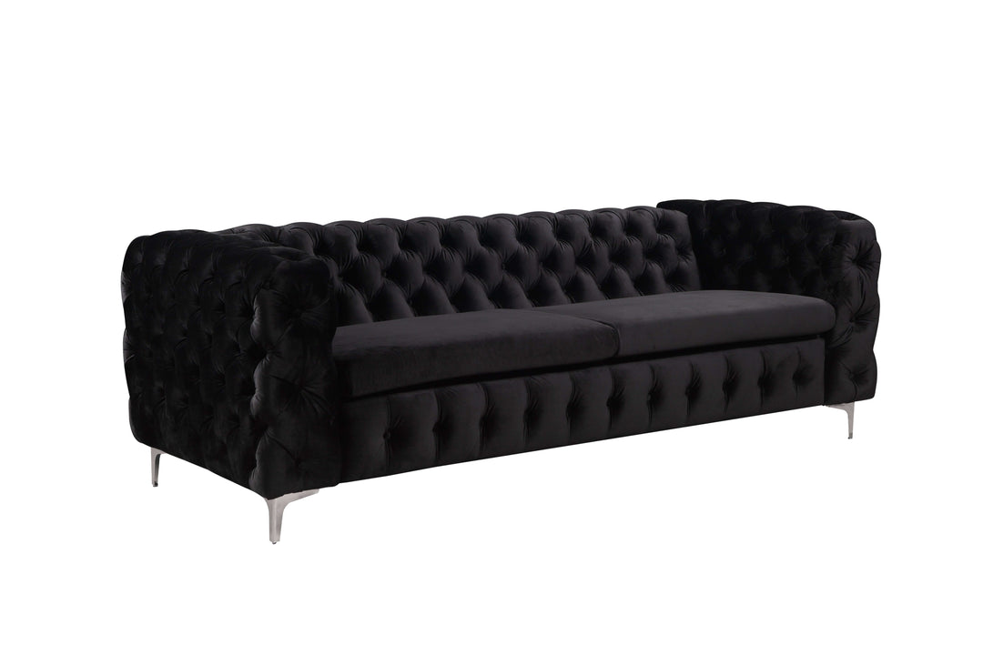 Stylish 3-seater black velvet sofa with classic button tufting and metal legs, perfect for spacious living rooms.