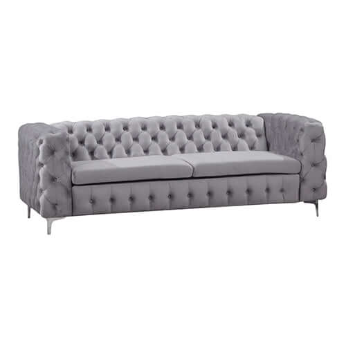 Classic button tufted 3 seater sofa in grey velvet with metal legs, perfect for stylish living room makeovers. Affordable luxury seating.