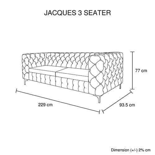 Dimensions of Jacques 3 Seater Sofa with button tufted design, measuring 229 cm width, 77 cm height, and 93.5 cm depth.