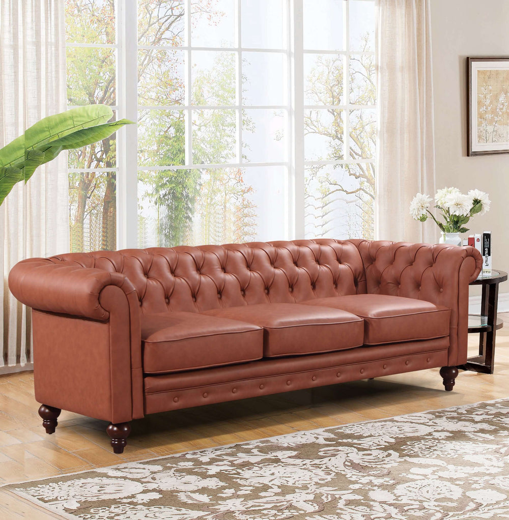 Affordable 3-seater brown sofa lounge with button tufting in faux leather, featuring rolled arms and quality cushioning.