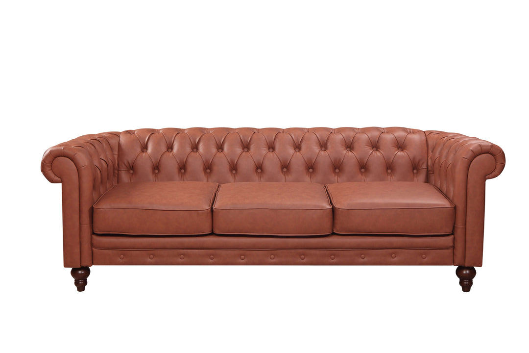 Affordable brown button tufted 3-seater faux leather sofa with rolled arms and plush cushioning.