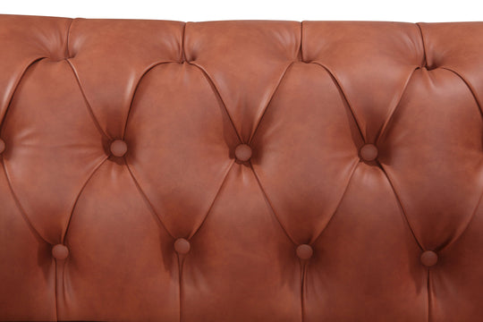 Close-up of brown faux leather tufted sofa backrest showcasing premium quality cushioning and elegant design.