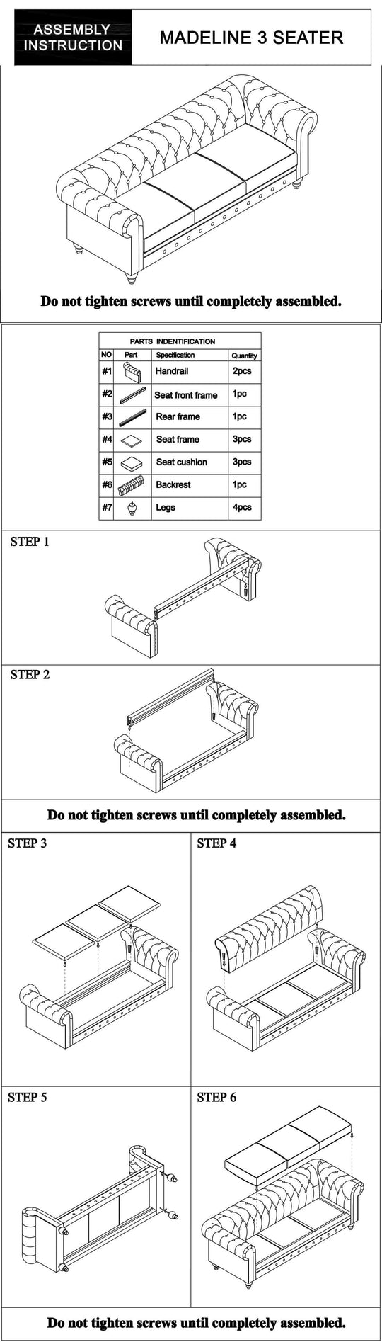 Assembly instructions for Madeline 3-seater sofa with step-by-step guide and parts list.