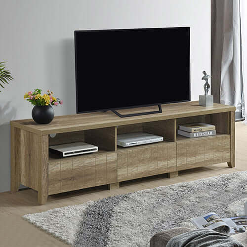 Cielo TV Cabinet in oak colour with three storage drawers and shelf, perfect for modern living room decor.