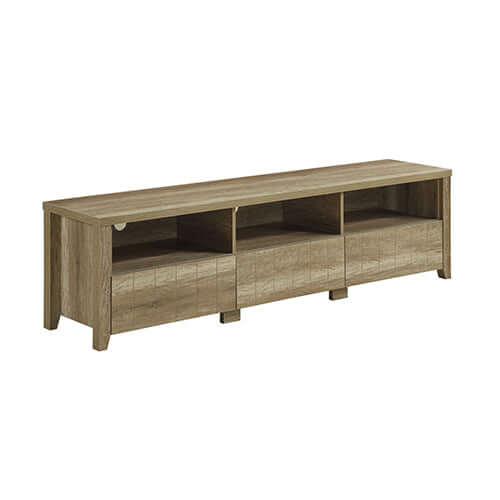 Affordable oak color TV cabinet with 3 storage drawers and shelves, perfect for modern living room decor.