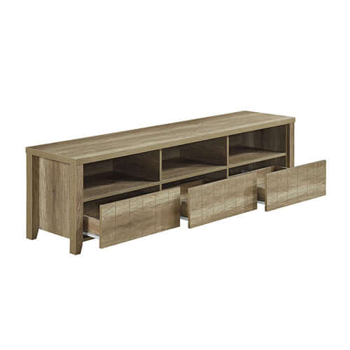 Affordable Cielo TV Cabinet in oak colour with 3 storage drawers and shelf, made from quality wood-like MDF.