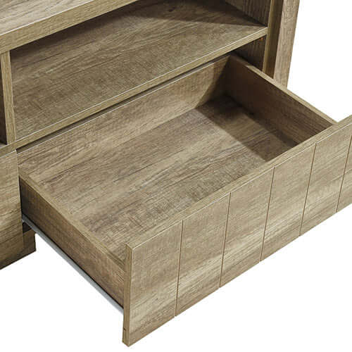 Cielo TV Cabinet showing natural wood-like MDF storage drawer with smooth finish, ideal for organized living room storage.