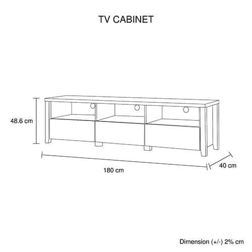 Dimensions of Cielo TV Cabinet with 3 storage drawers and shelves in natural wood-like MDF design, 180 cm wide.