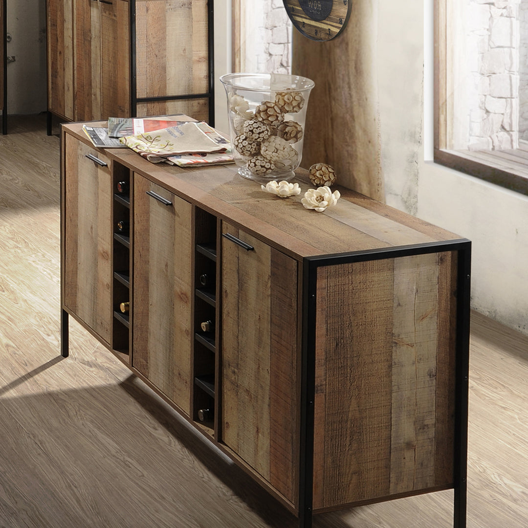 Oak colored wine cabinet with storage and open shelves, featuring a classic elegant look and natural wood-like particle board design.