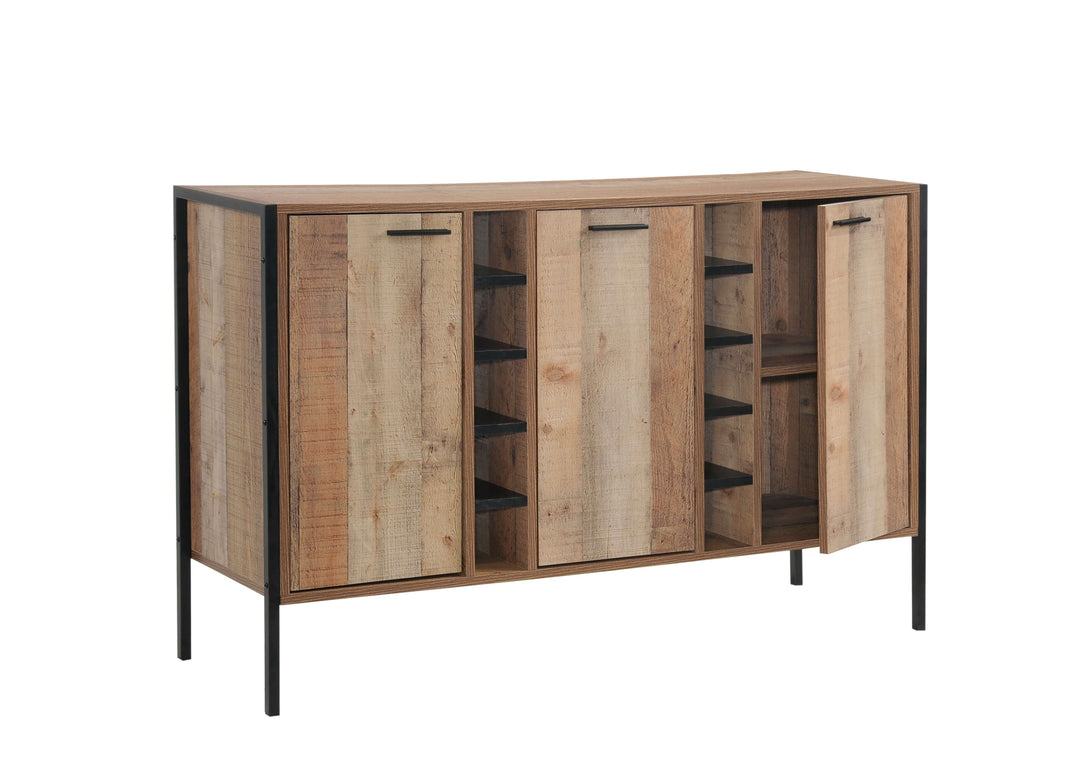 Oak-coloured wine cabinet with 2 storage sections and open shelves, made from natural wood-like particle board, offering classic elegance and smooth finish.