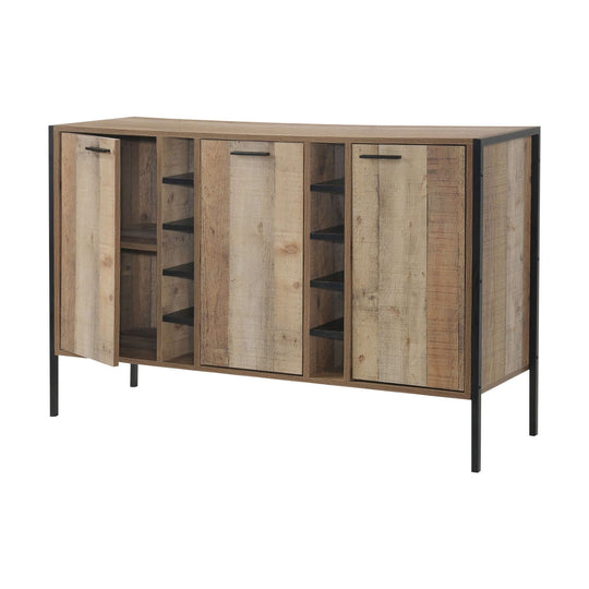 Wine cabinet with storage and open shelves in oak color, made from wood-like particle board, classic elegance bar cabinet cupboard.