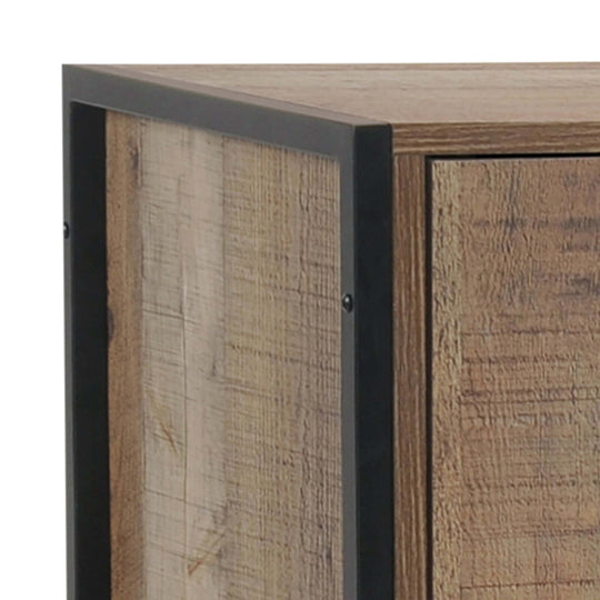 Close-up view of oak-colored wine cabinet corner with natural wood-like particle board finish